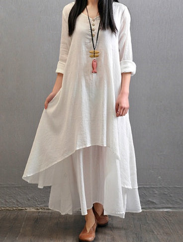 V-Neck Retro Linen Cotton Dress