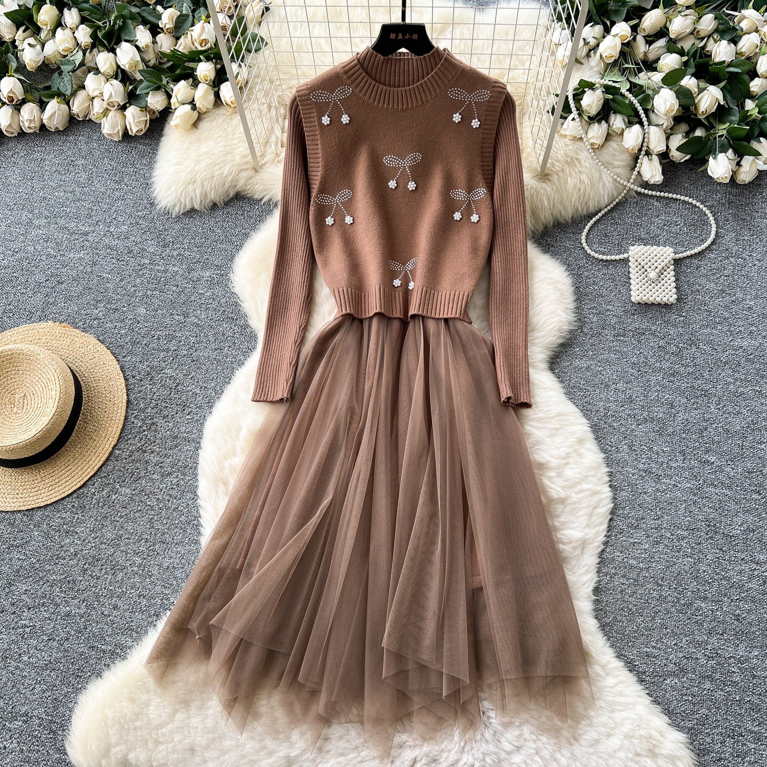Cherry Knit Patchwork Mesh Long Sleeve Dress