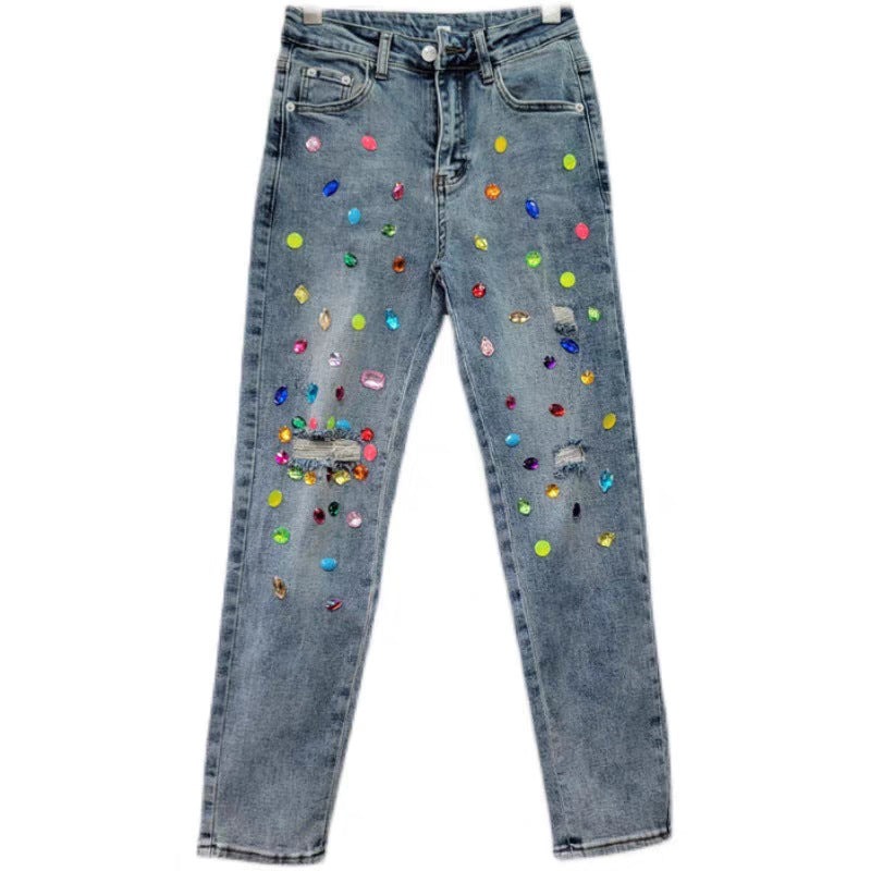High Waist Ripped Diamond Embellished Slimming Jeans