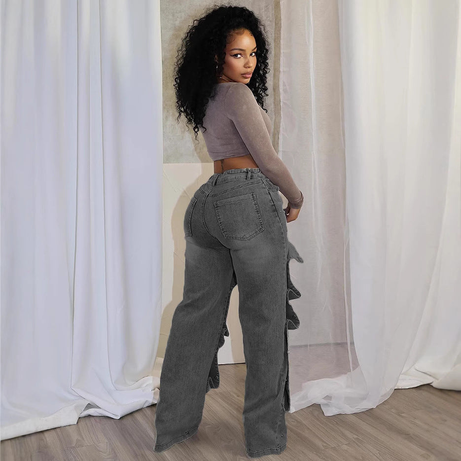 High Waist Button Straight Jeans