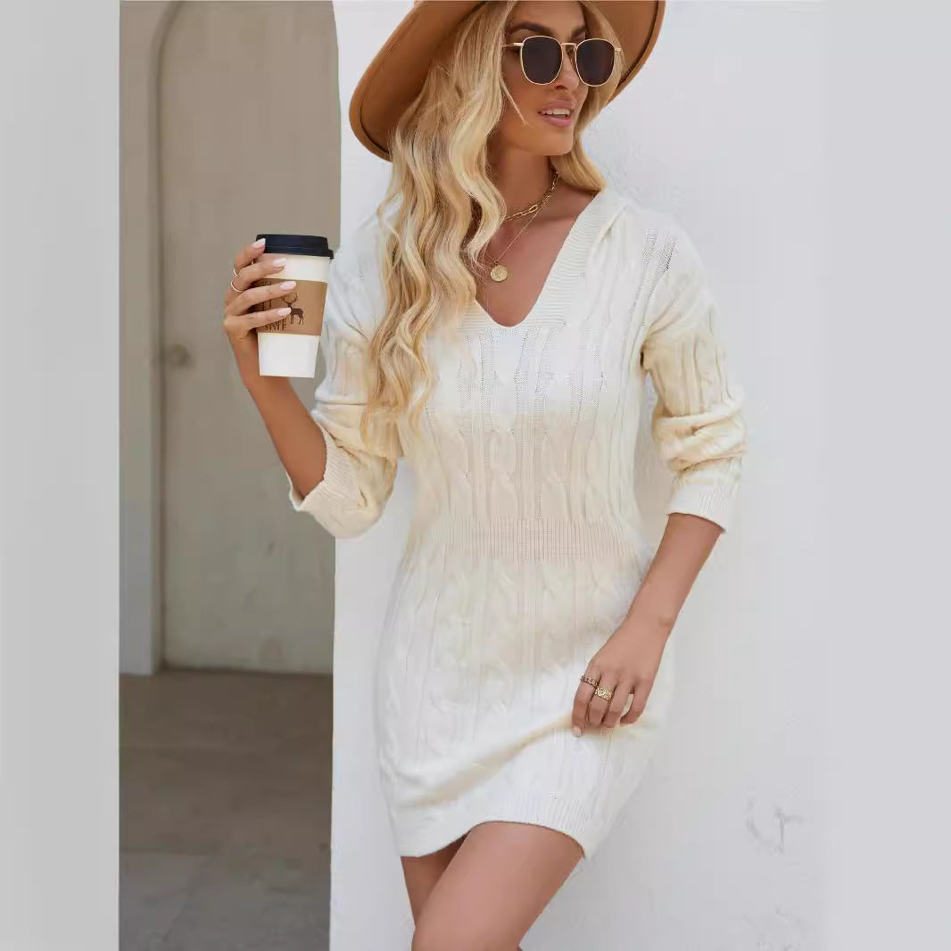 Fashion V-Neck Hooded Cashmere Knit Dress