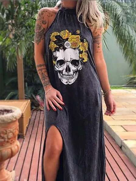 Skull Print Slim Fit Maxi Dress