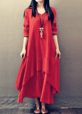 V-Neck Retro Linen Cotton Dress