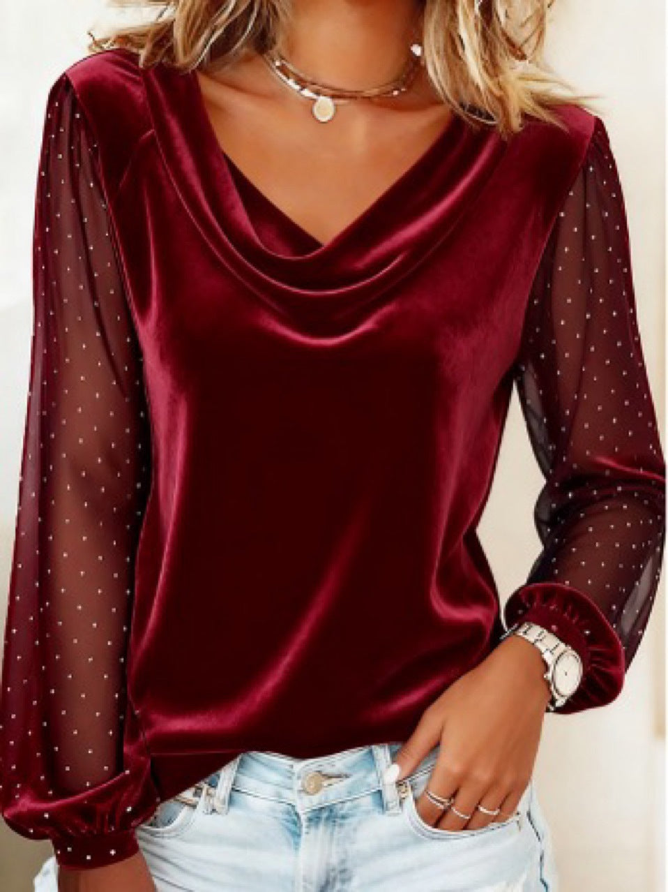 V-Neck Velvet Long-Sleeve Top