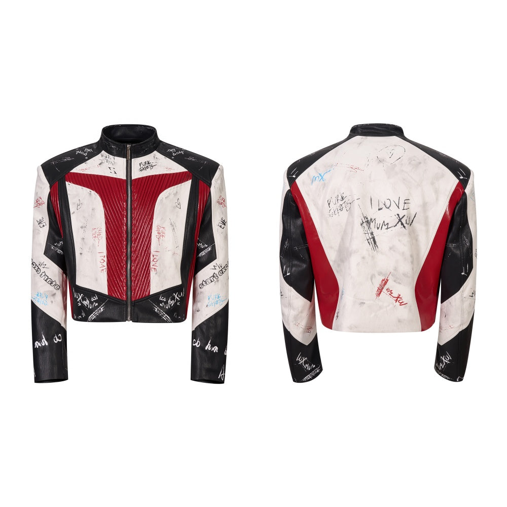 Short Stand‑Up Collar Graffiti Leather Jacket
