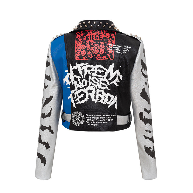 Graffiti Print Leather Jacke
