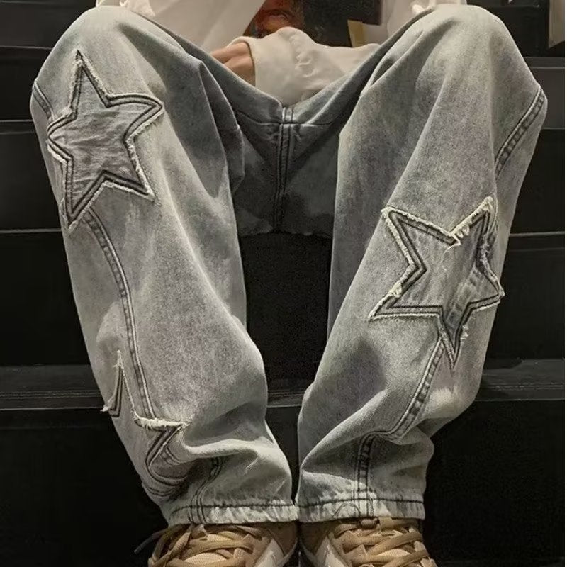 Star Embroidery Wide Leg Jeans