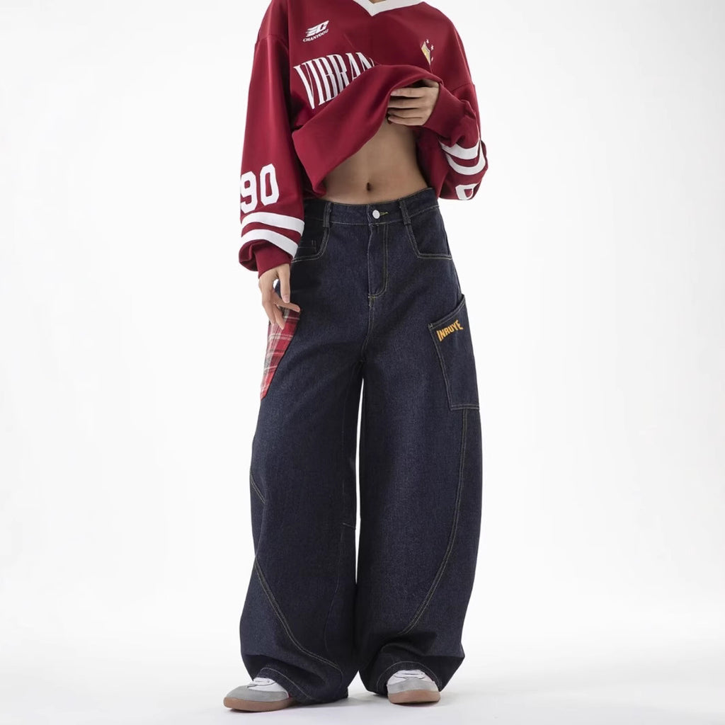 American-style Plaid Patchwork Straight Jeans