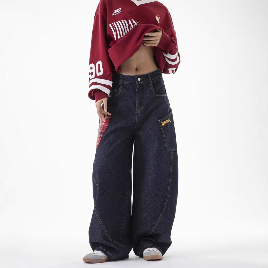 American-style Plaid Patchwork Straight Jeans