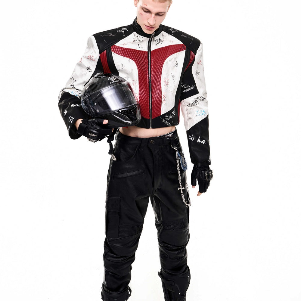 Short Stand‑Up Collar Graffiti Leather Jacket