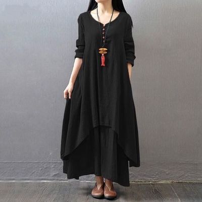 V-Neck Retro Linen Cotton Dress