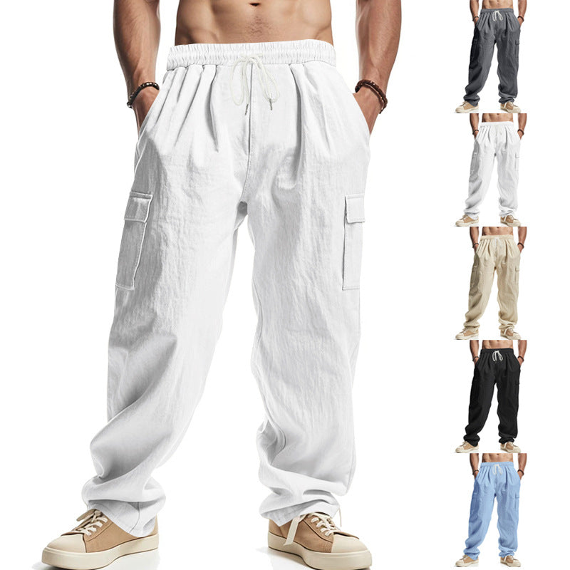 Workwear Multi-Pocket Straight Linen Pants