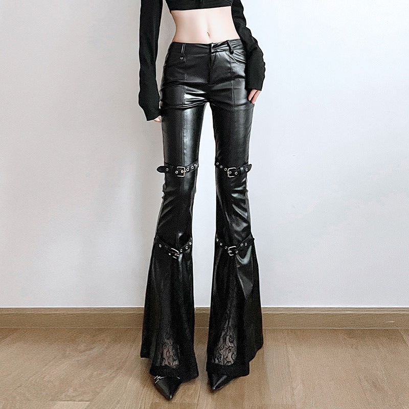 Lace Stitching Faux Leather Flare Pants