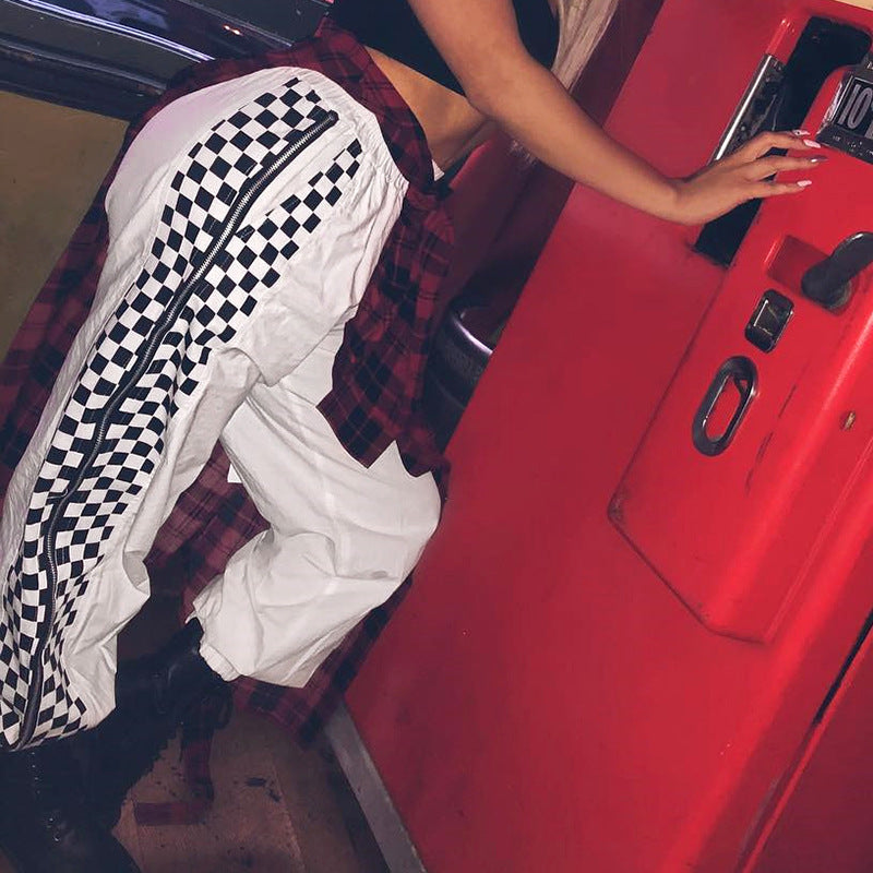 White Checkerboard Zip-Up Joggers