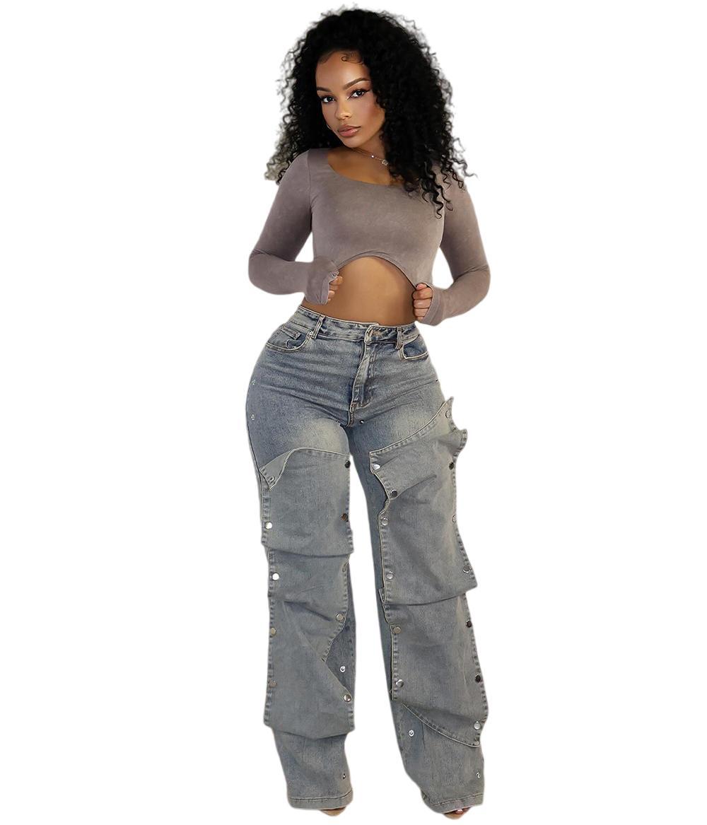 High Waist Button Straight Jeans