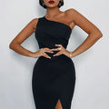 Satin One Shoulder Slit Bodycon Dress