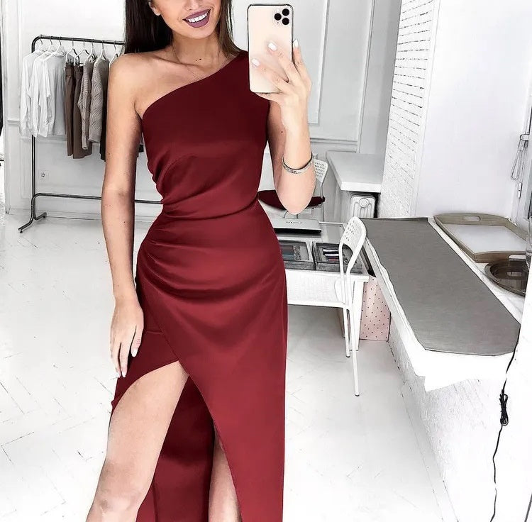 Satin One Shoulder Slit Bodycon Dress
