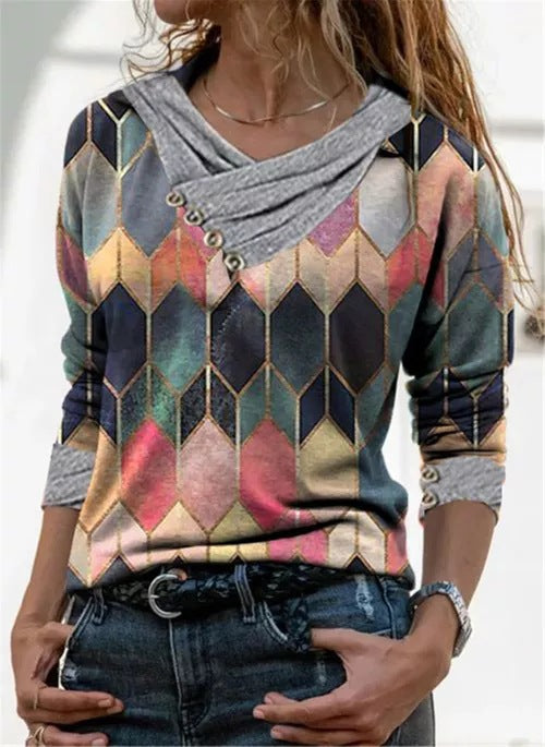 Loose V-Neck Long Sleeve Printed T-Shirt