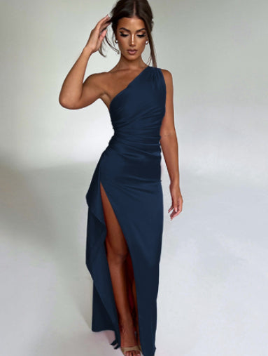 One Shoulder Backless Slit Satin Dress