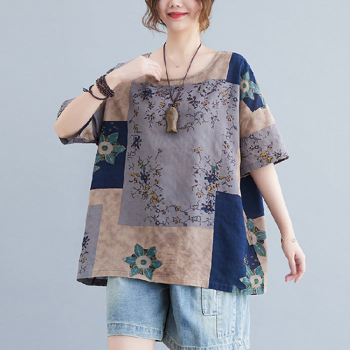Ethnic Print Loose Short Sleeve T-Shirt