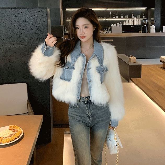 Denim Patchwork Faux Fur Jacket