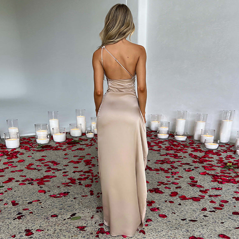 One Shoulder Backless Slit Satin Dress