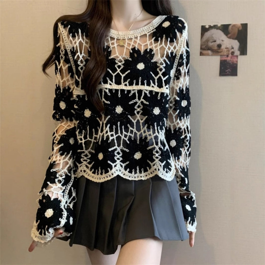 French Style Crocheted Hollow Sweater