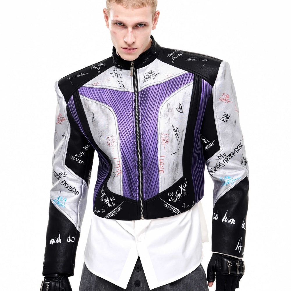 Short Stand‑Up Collar Graffiti Leather Jacket