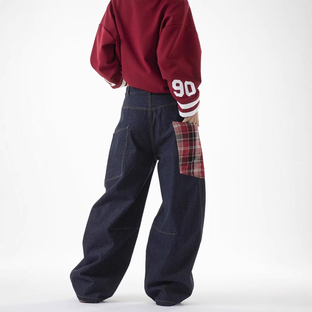 American-style Plaid Patchwork Straight Jeans