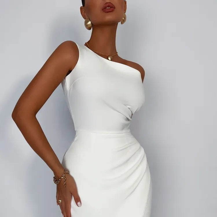 Satin One Shoulder Slit Bodycon Dress