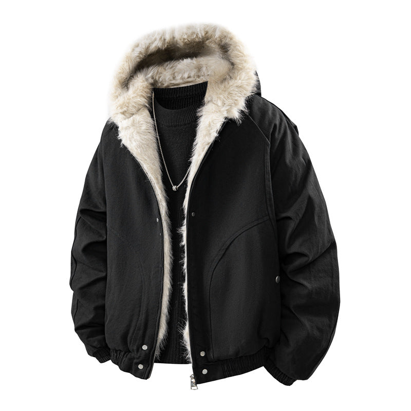Black hooded bomber jacket with contrasting textured hood trim, side pockets and a gathered hem
