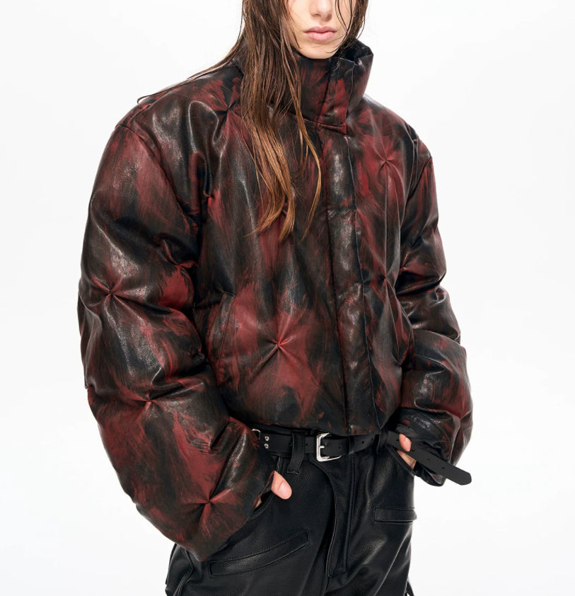 Unisex Cropped Leather Puffer Jacket