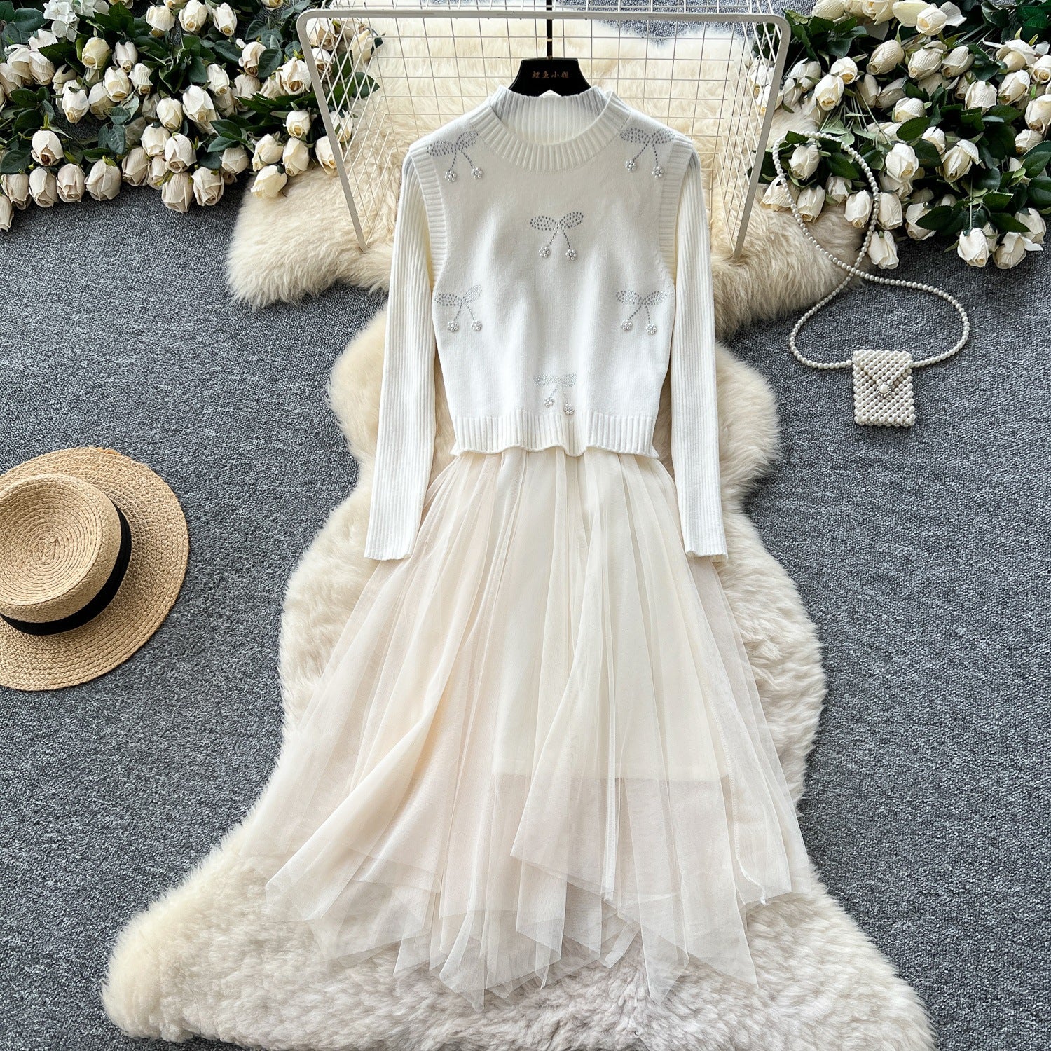 Cherry Knit Patchwork Mesh Long Sleeve Dress