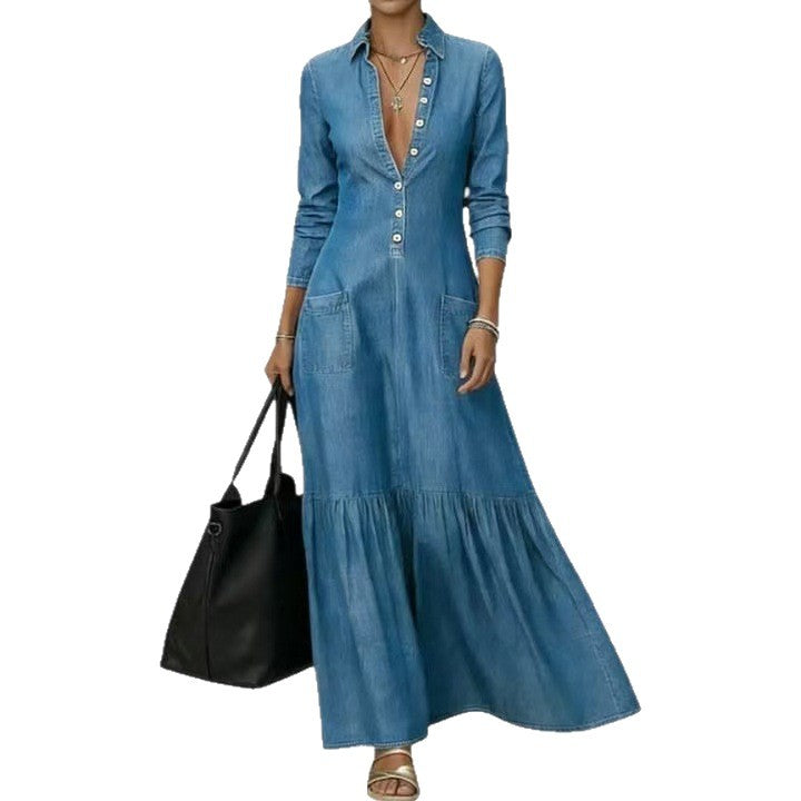Denim Maxi Dress with Fitted Waist and Vintage Collar