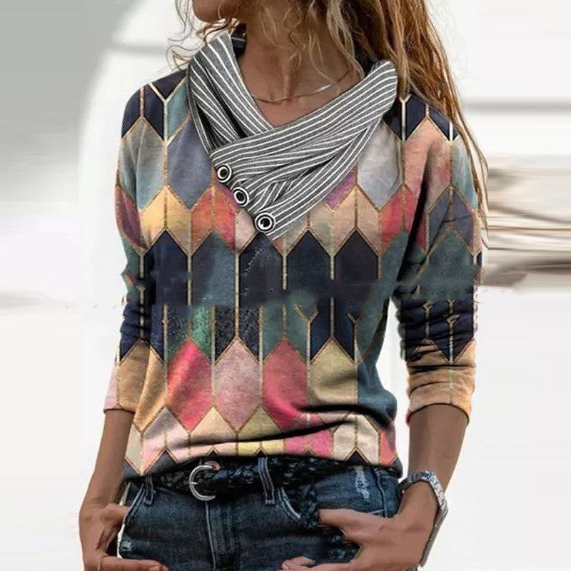 Loose V-Neck Long Sleeve Printed T-Shirt