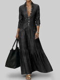Denim Maxi Dress with Fitted Waist and Vintage Collar
