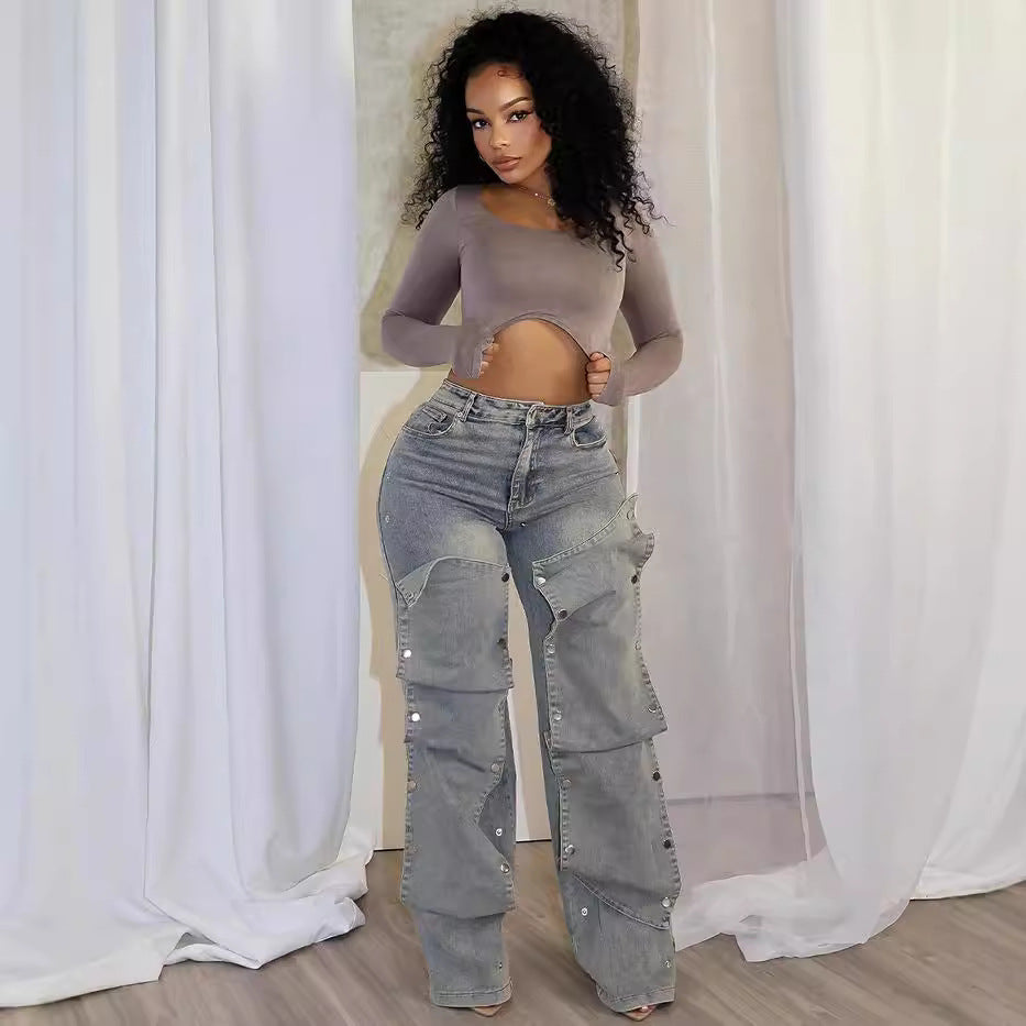 High Waist Button Straight Jeans