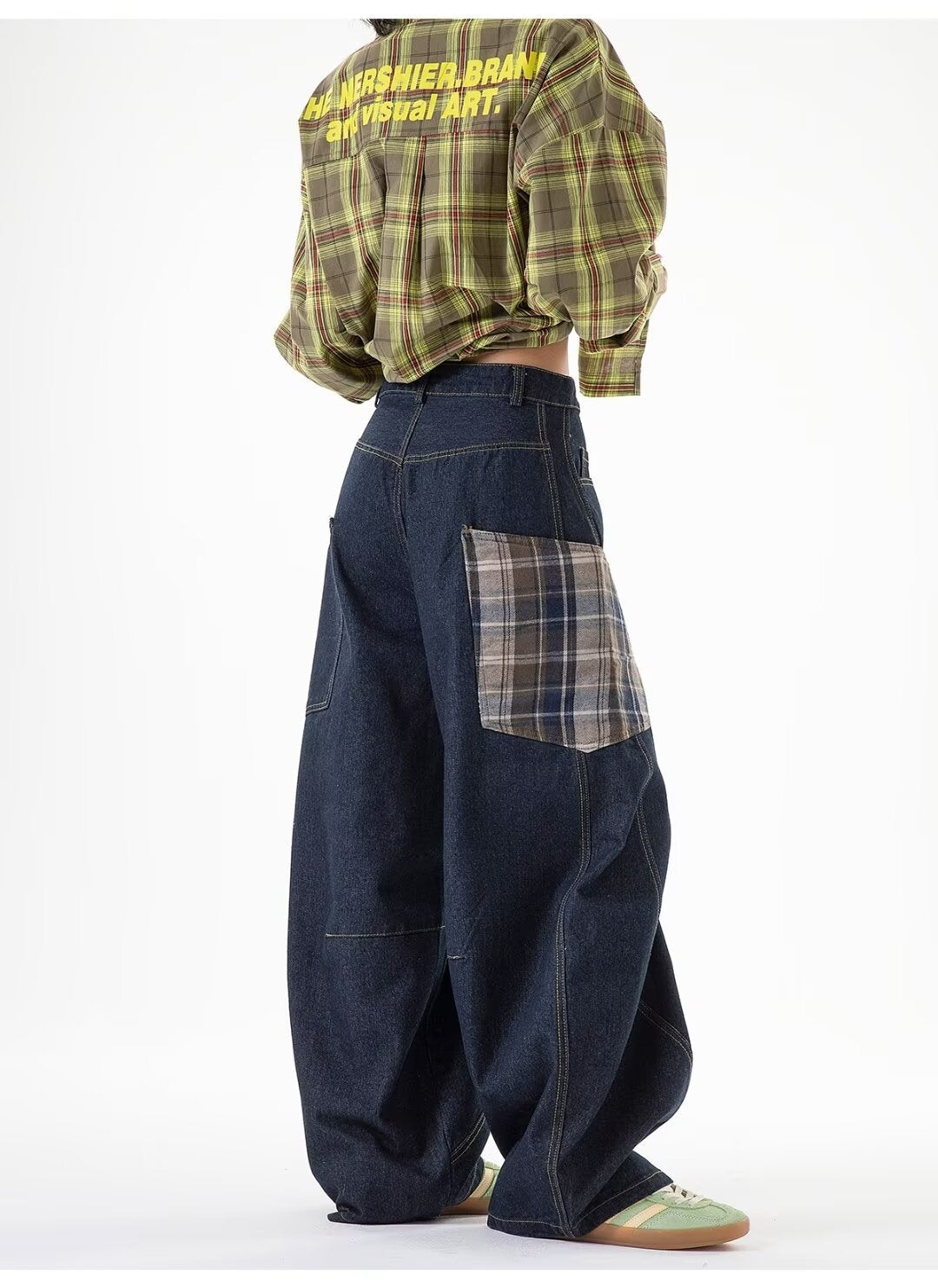 American-style Plaid Patchwork Straight Jeans