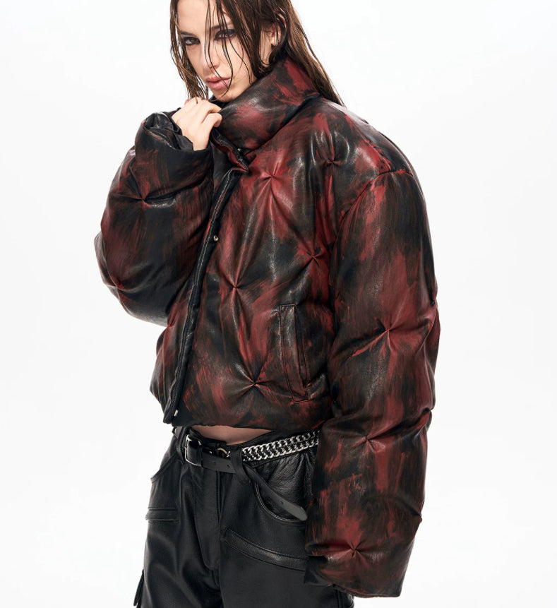 Unisex Cropped Leather Puffer Jacket