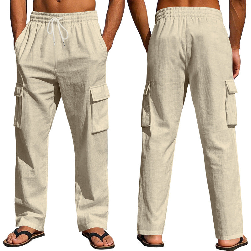 Workwear Multi-Pocket Straight Linen Pants