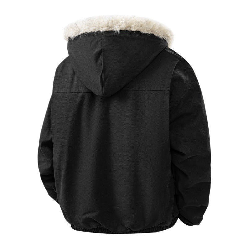 Back view of a black hooded bomber jacket with gathered cuffs and hem
