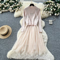 Cherry Knit Patchwork Mesh Long Sleeve Dress