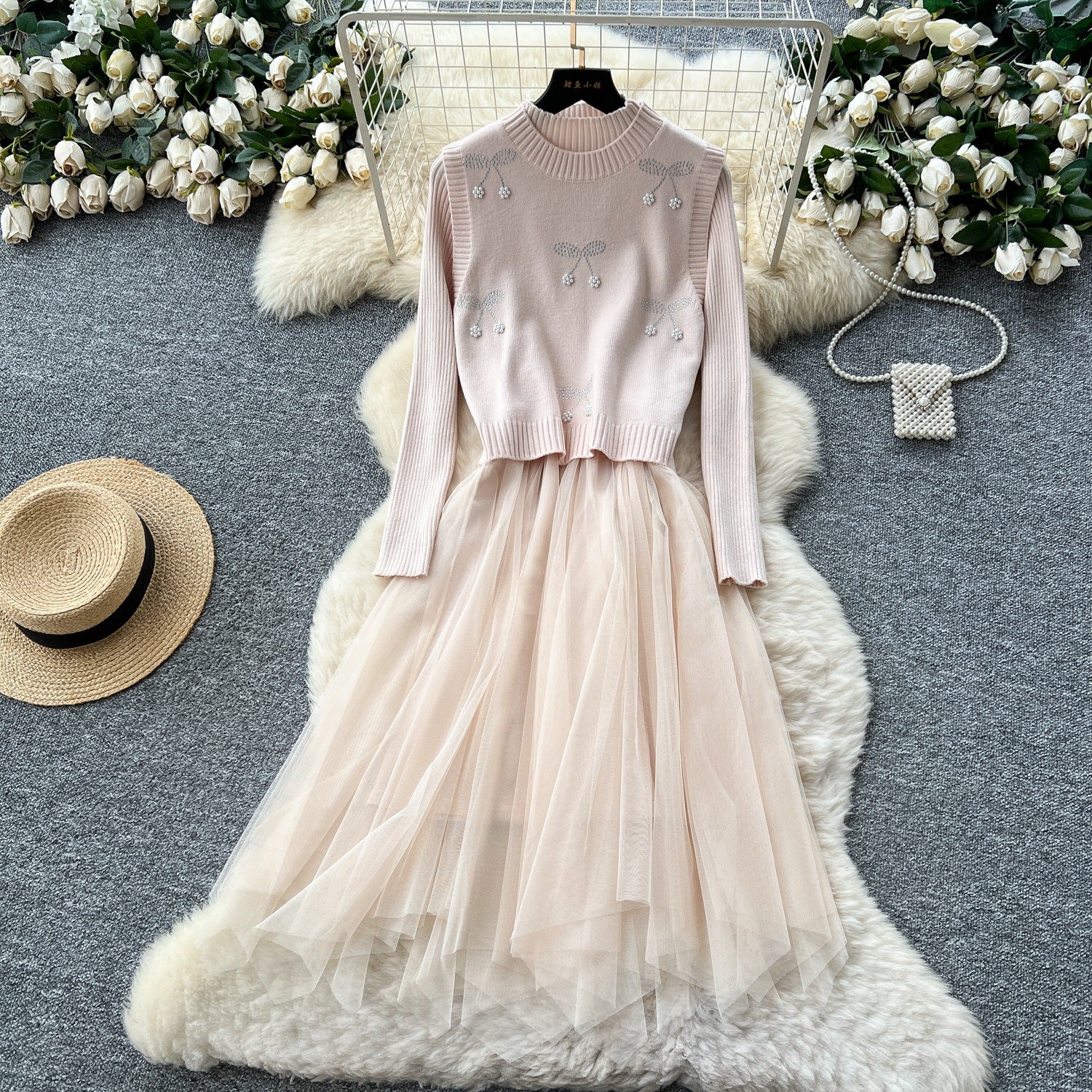 Cherry Knit Patchwork Mesh Long Sleeve Dress