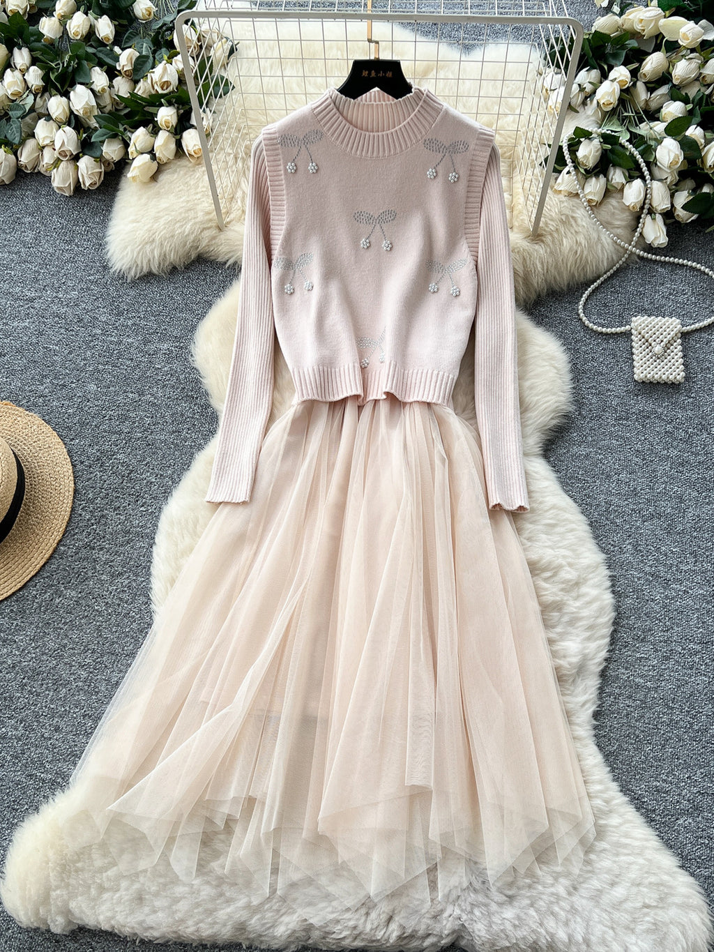 Cherry Knit Patchwork Mesh Long Sleeve Dress