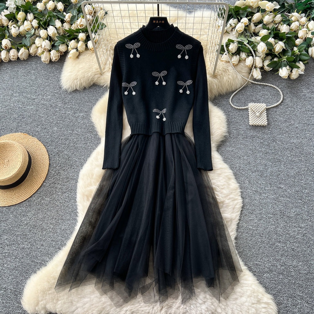 Cherry Knit Patchwork Mesh Long Sleeve Dress