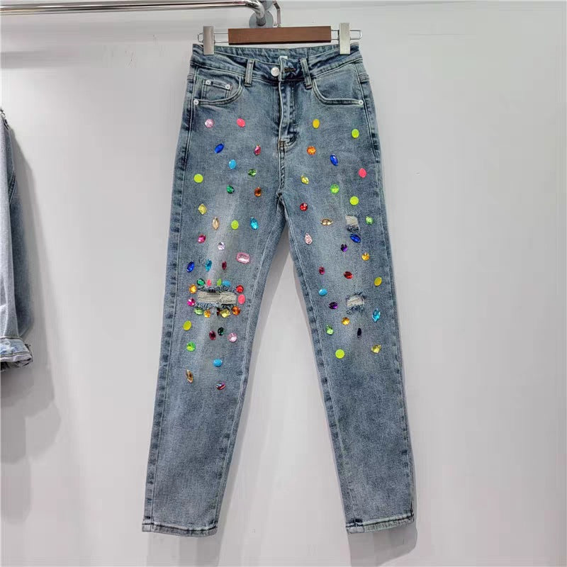 High Waist Ripped Diamond Embellished Slimming Jeans