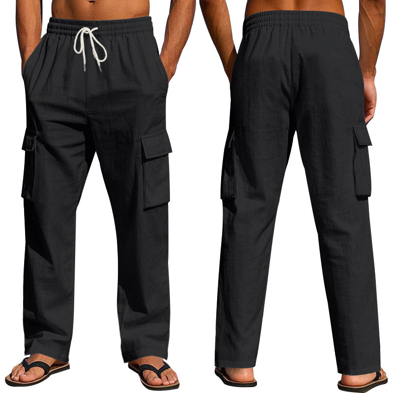 Workwear Multi-Pocket Straight Linen Pants