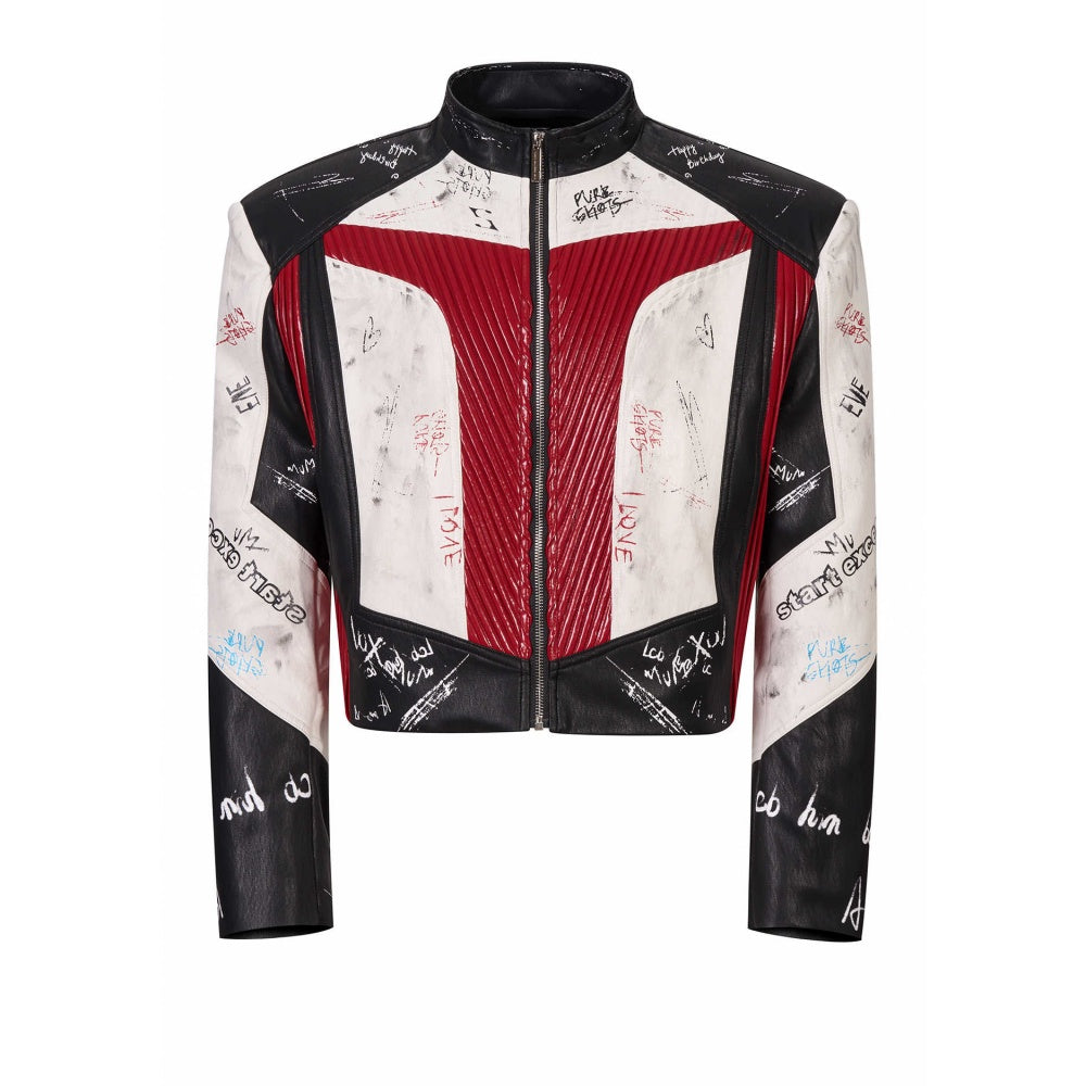 Short Stand‑Up Collar Graffiti Leather Jacket