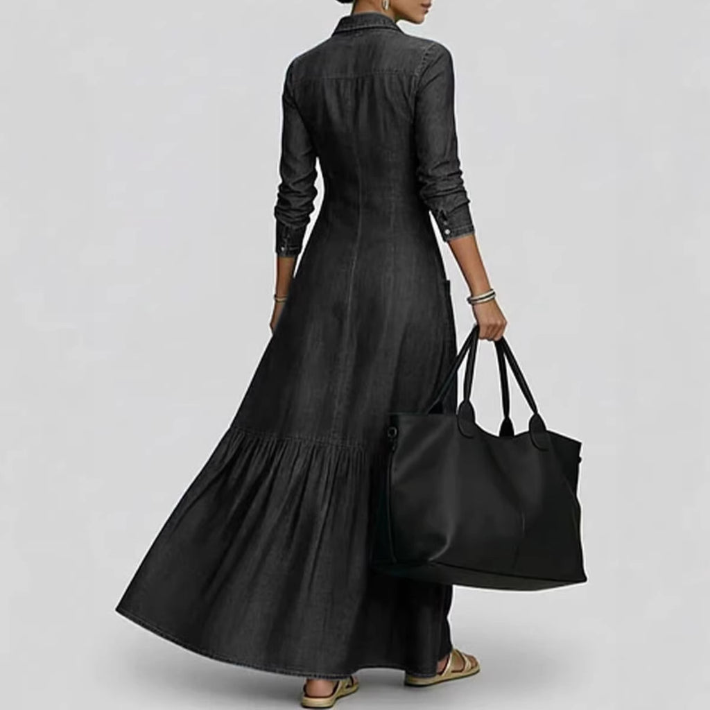 Denim Maxi Dress with Fitted Waist and Vintage Collar