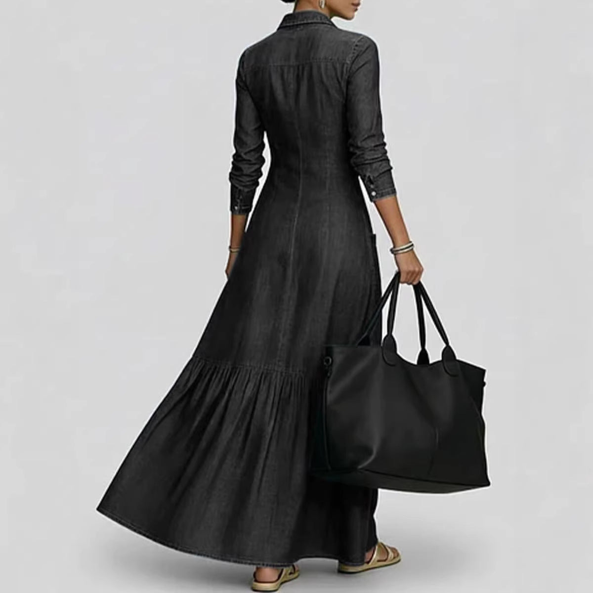 Denim Maxi Dress with Fitted Waist and Vintage Collar
